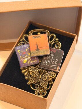 Book-Lovers Themed Brooch With Bronze Butterfly Accent Vintage-Inspired Design